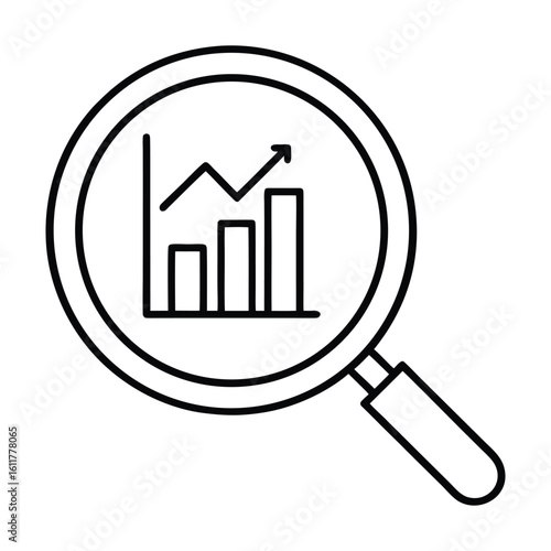 Magnifying glass over bar graph with upward trending line bar chart analytics