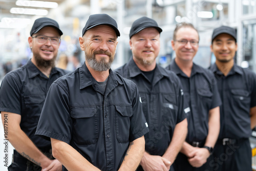 Group photo of machinists in uniforms posing proudly in front of production line, daylight through windows, 