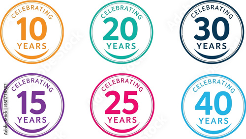 Celebrate milestones with vibrant anniversary badges for 10, 15, 20, 25, 30, and 40 years