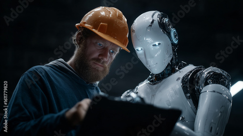 Engineer and humanoid robot analyzing data together in dark factory
