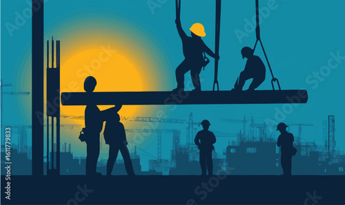 Construction workers building a modern cityscape with determination and teamwork in vibrant silhouette