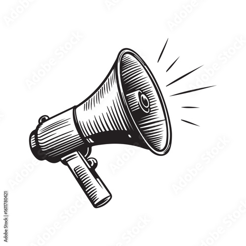 A black retro megaphone with a microphone and cable is isolated on a white background, perfect for broadcasting music or recording voice audio