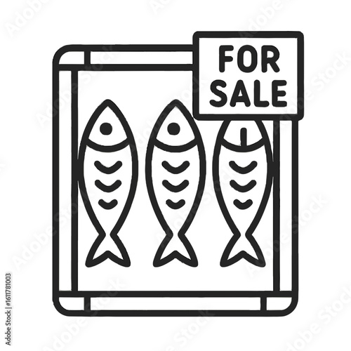 Three fish for sale icon in black outline on white background