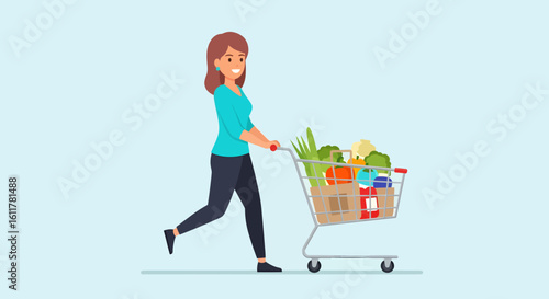 Cartoon Woman Pushing Grocery Cart Filled with Vegetables and Packaged Goods.