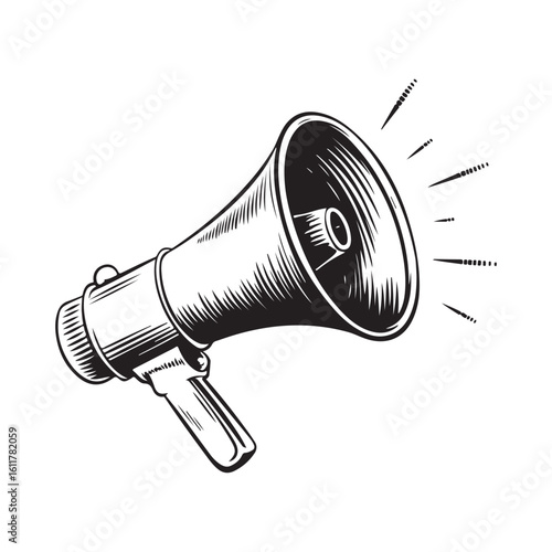 A black retro megaphone with a microphone and cable is isolated on a white background, perfect for broadcasting music or recording voice audio