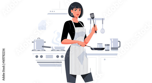 Confident woman cooking with spatula and frying pan in a modern kitchen.