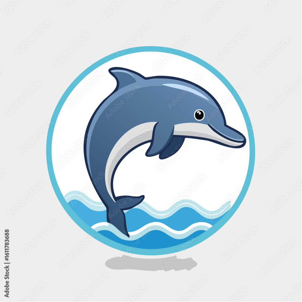 Fototapeta premium Playful Dolphin Leaping Gracefully from Ocean Waves in Circular Cartoon Illustration
