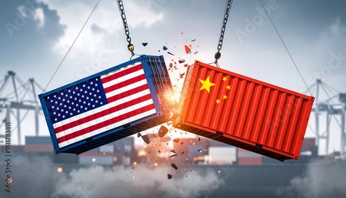 Colliding USA–China shipping containers igniting sparks, symbolizing intense trade clash