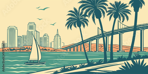 San Diego skyline vector in silhouette style with the Coronado Bridge, One America Plaza, and palm trees