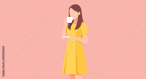Faceless woman in yellow dress sips from white cup holding saucer.