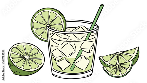 Refreshing caipirinha cocktail with lime and ice cubes summer drink illustration vector graphic design