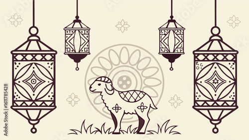 Eid al adha mubarak islamic festival of sacrifice with sheep lanterns and floral pattern illustration