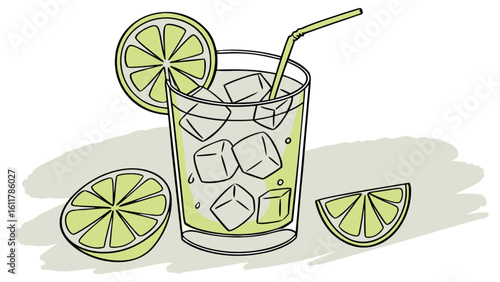 Refreshing lime cocktail with ice cubes and straw summer drink illustration for menu and recipe design