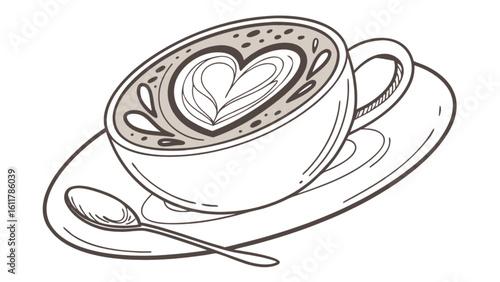 Latte art coffee cup vector drawing illustration with heart design for coffee lovers and cafe decoration