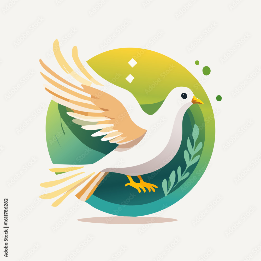 Obraz premium Peaceful Dove Illustration with Soft Gradient Circle and Decorative Elements Depicting Hope