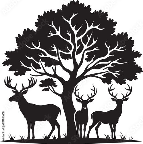 A striking black silhouette of three deer standing beneath a large, detailed tree, all isolated on a clean white background.