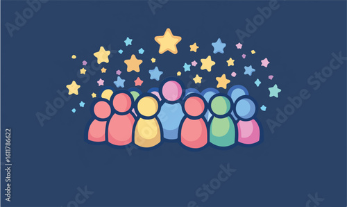 Team celebrating success with stars shining above, community achievement and growth, colorful and vibrant