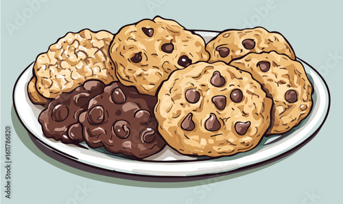 Enjoy a delicious assortment of warm chocolate chip cookies on a plate tempting your sweet tooth today