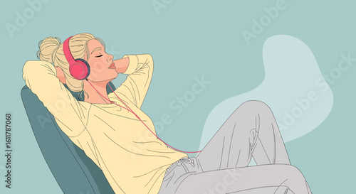 Relaxed blonde woman with pink headphones lounging in a chair.