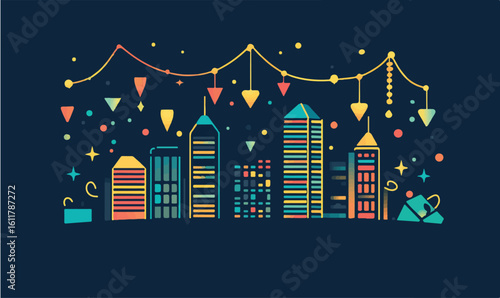 Vibrant city skyline illustration with festive decorations creating a celebratory urban atmosphere