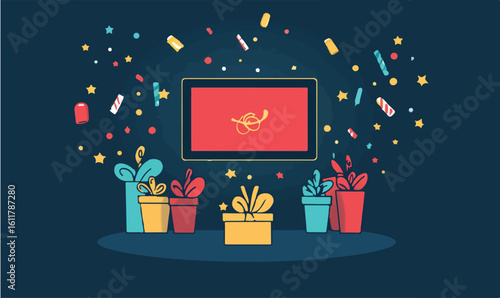Celebrate special occasions with confetti and gifts with festive vector graphic for invitations and announcements