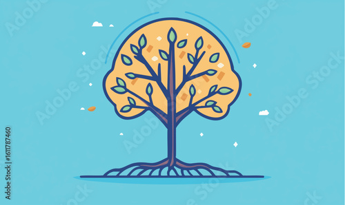 Vibrant tree illustration with roots and leaves against a bright blue background represents growth and nature