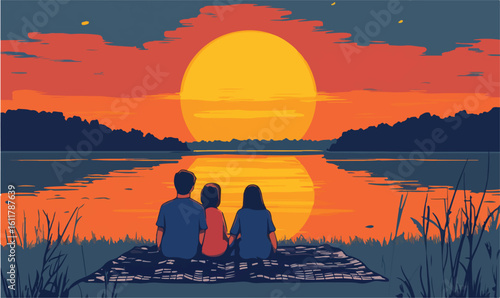 Family watching stunning sunset reflection on tranquil lake creating lasting memories together now