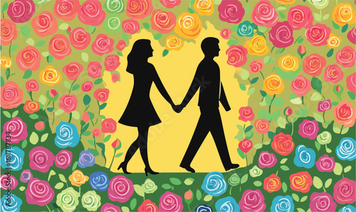 Romantic couple strolling hand in hand through vibrant rose garden in full bloom, celebrating love and connection