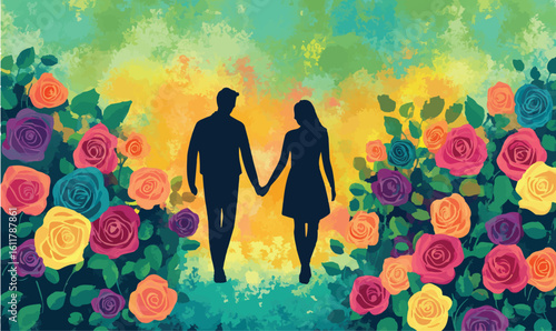 Romantic couple strolling hand-in-hand through vibrant rose garden in full bloom, perfect for love themes