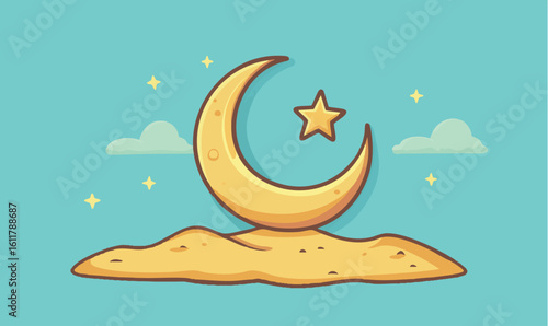 Dreamy crescent moon with star floating on a sandy cloud against a soft blue sky perfect for Ramadan