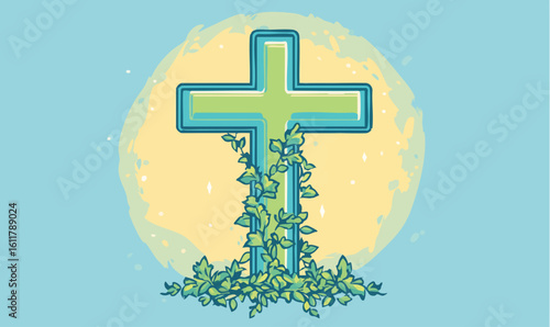 Celebrate faith and new beginnings with this cross adorned with vibrant leaves symbolizing growth and hope