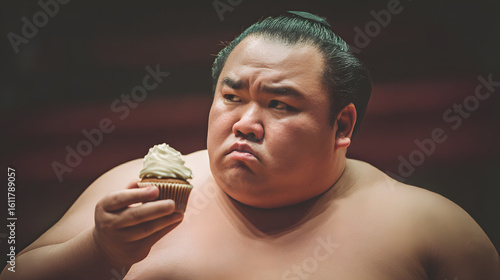 sumo wrestler looks at puncake
