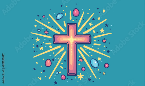 Celebrate vibrant Easter with this colorful religious cross illustration to brighten up your designs