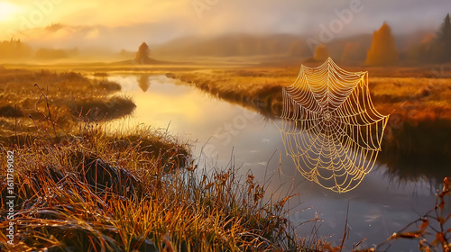 Golden autumn morning mist over a stream, spiderweb reflected