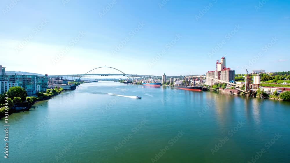 Scenic river view with a bridge and industrial buildings Scenic river view with a bridge and industrial buildings
