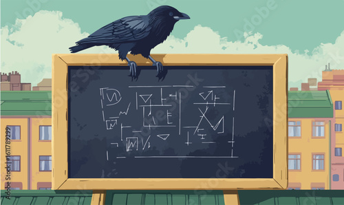 Intriguing architectural puzzle with a raven perched above on a rooftop downtown cityscape backdrop