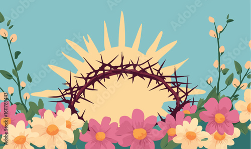 Crown of thorns with flowers against bright background representing Easter and Christian faith