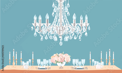 Elegant chandelier sparkles over a beautifully set table ready for a sophisticated dinner party or special event