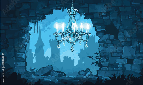 Magical blue castle ruins with chandelier, perfect for fantasy game backgrounds or story illustrations
