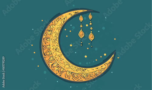 Golden crescent moon with decorations evokes a sense of peacefulness during the holy month of Ramadan