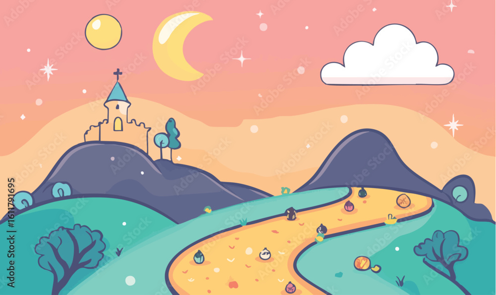 Obraz premium Enchanting cartoon landscape with castle under crescent moon and sun for childrens book illustration