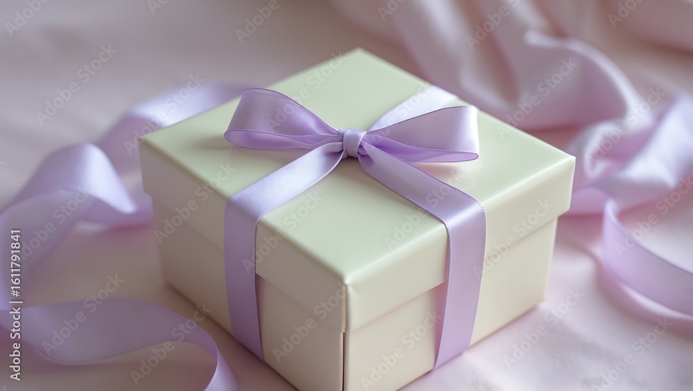 Obraz premium Elegant cream colored gift box tied with a soft lavender ribbon and bow on a satin background