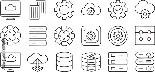 Isolated black line DevOps icons set with code, cloud, gear, CICD, server, API, container, automation, deploy, monitoring, debugging, virtual machine, database, scripting tools
