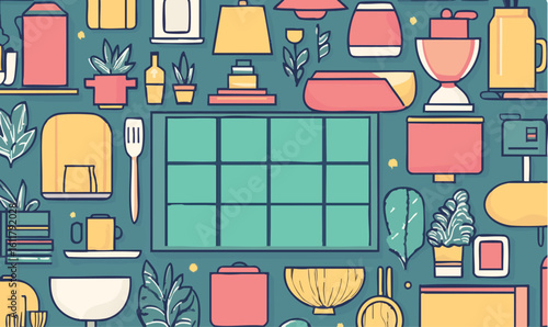 Charming doodle kitchen scene with vibrant colors and playful design elements for a cheerful atmosphere