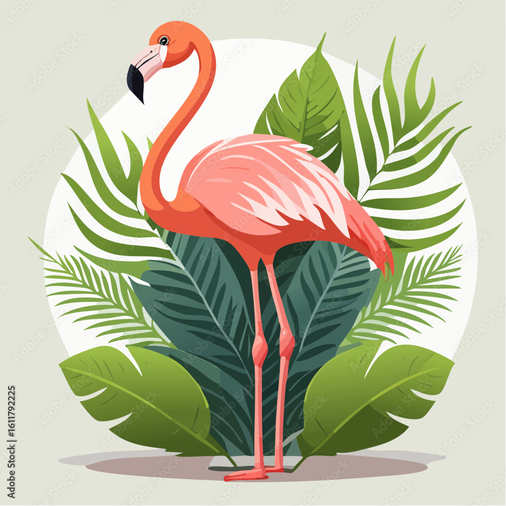 Fototapeta premium Elegant flamingo illustration amidst lush tropical foliage creating a vibrant scene