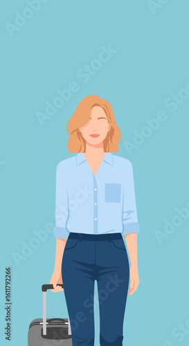 Stylish woman with blonde bob and suitcase wearing a light blue shirt.