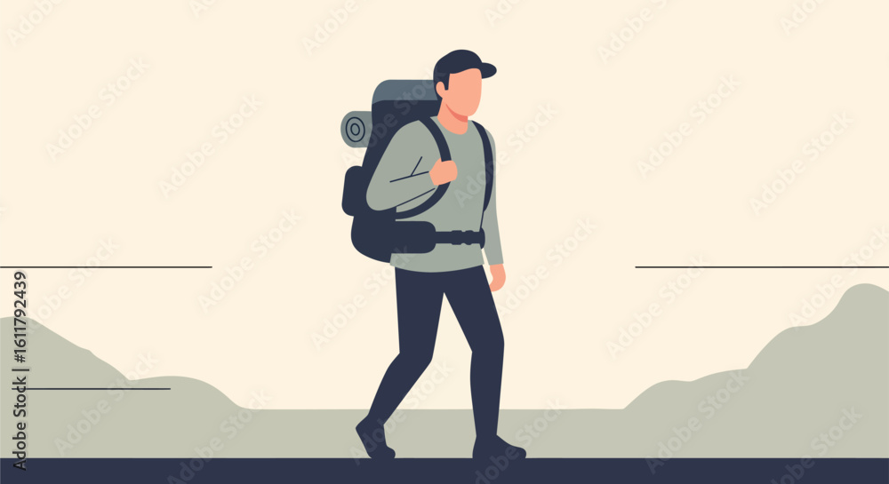 Obraz premium Stylized Hiker with Backpack Wearing Cap Walking on a Trail.
