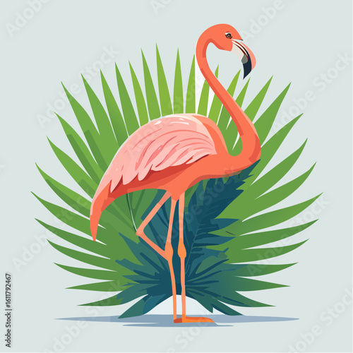 Vibrant flamingo illustration amidst lush tropical foliage and serene backdrop creating a summery vibe