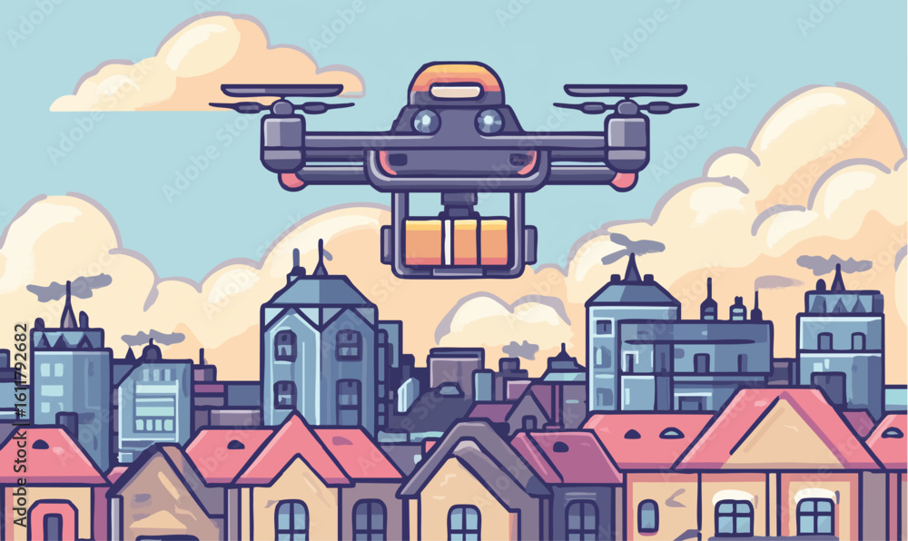Obraz premium Modern drone flying over rooftops in a vibrant city, delivering packages with speed and precision