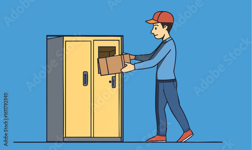 Fast delivery man placing package into secure automated locker system for convenient customer pickup